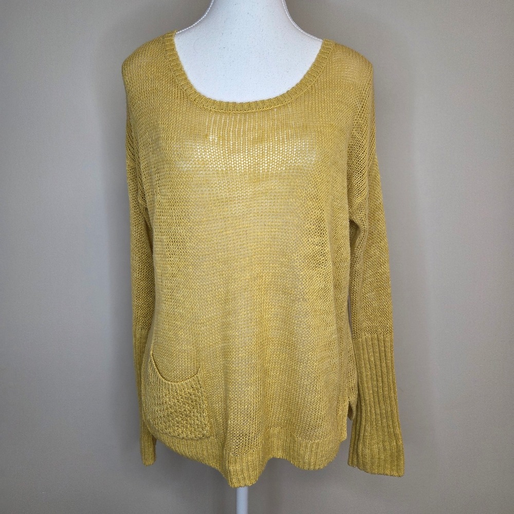 Sparrow Anthropologie Mustard Yellow‎ Linen Blend Knit Sweater Pocket Small